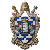 Potent, a book argent bordered by two altars argent with flames gules, to chief a crown or.