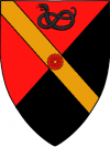 Parted per bend sinister gules and sable, bend or, chief serpent nowed sable, heart a carnation gules.