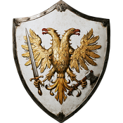 Argent, eagle displayed double headed or, langued gules armed tenne holding a sword proper dexter and an axe proper sinister.