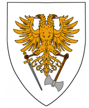 Argent, eagle displayed double headed or, langued gules armed tenne holding a sword proper dexter and an axe proper sinister.