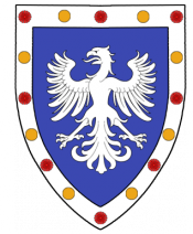 Azure, an eagle argent displayed and elevated and on a bordure argent alternating roundels or and carnations gules