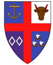 Parted per cross gules; Quarterly: in Dexter Chief, Azure, an anchor Or; in Sinister Chief, Argent, a bull head caboched tenne with horns sanguine; in Dexter Base, Purpure, two mascles Argent ; in Sinister Base, Azure, three cogs proper with sails Argent
