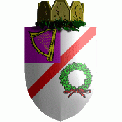 Argent, a bend sinister gules, a wreath vert with ribbon gules to sinister base, a canton purpure charged with a harp or.