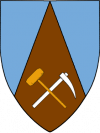Blue celeste a pile tenne, base a pick argent and a mallet or in saltire.
