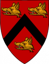 Sanguine a chevron sable between three boar heads erased or langued gules