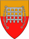 Parted per fess or and gules, a portcullis proper.