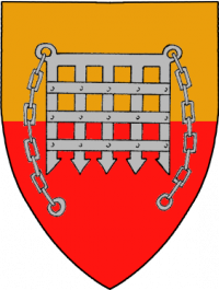 Parted per fess or and gules, a portcullis proper.