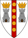 Argent, pale sanguine, in pale five roundels or, two towers proper crowned proper