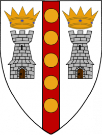 Argent, pale sanguine, in pale five roundels or, two towers proper crowned proper