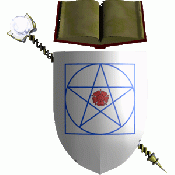 Argent, a carnation gules, the Three-Fold symbol of Abaris azure.
