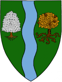 Vert, pale wavy bleu celeste, dexter tree eradicated proper, leaved argent, sinister tree fructed eradicated proper, fructed and leaved or