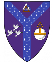 Purpure, pall azure ermine argent, chief Triadic Trefoil proper, dexter three doves volant, sinister orb argent and or.